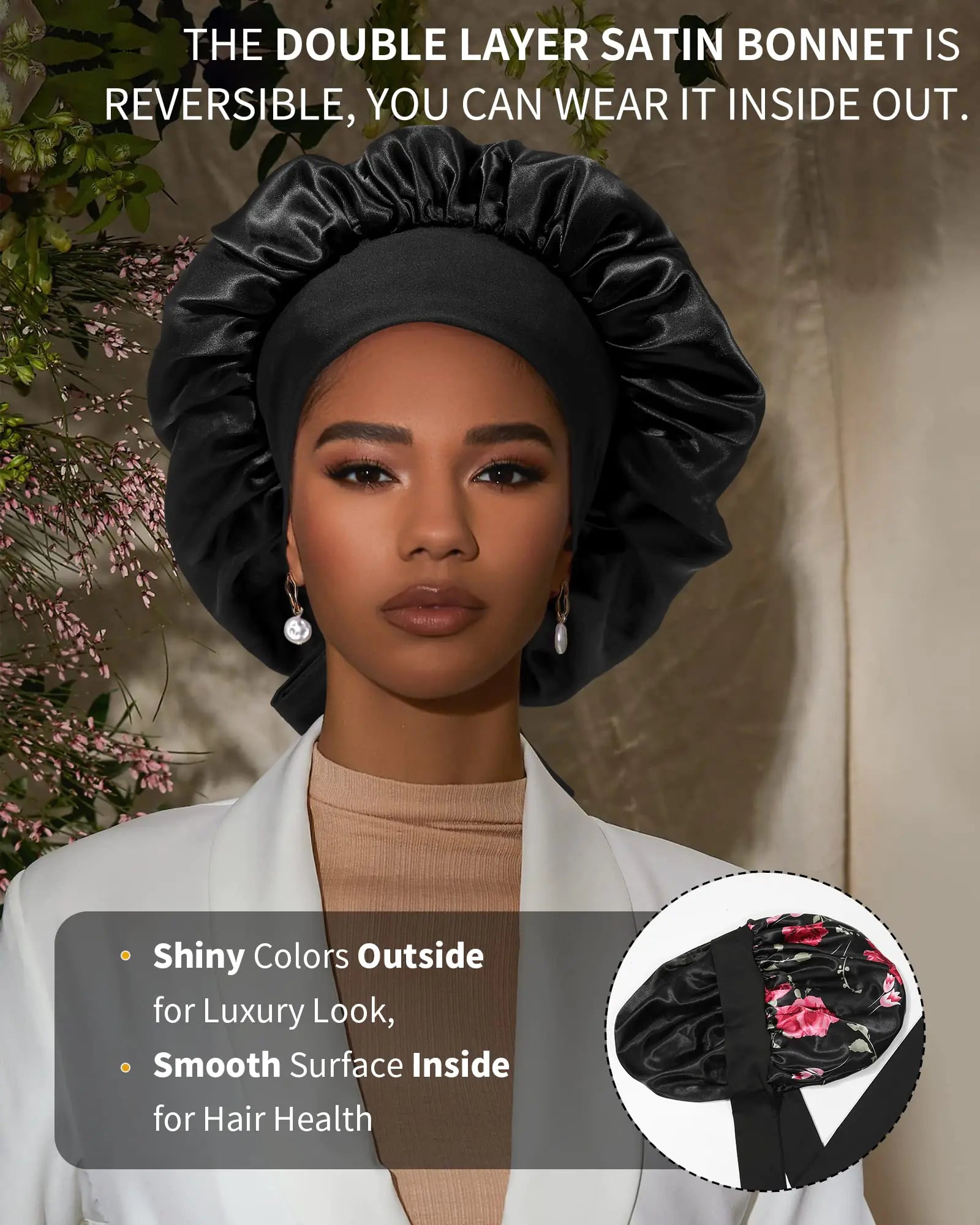 Satin Bonnet for Women Silk Bonnets for Sleeping Curly Hair Bonnet with Tie Band Double Layer Sleep Cap Hair Wrap 7-7 3/8 Black + Red Flower