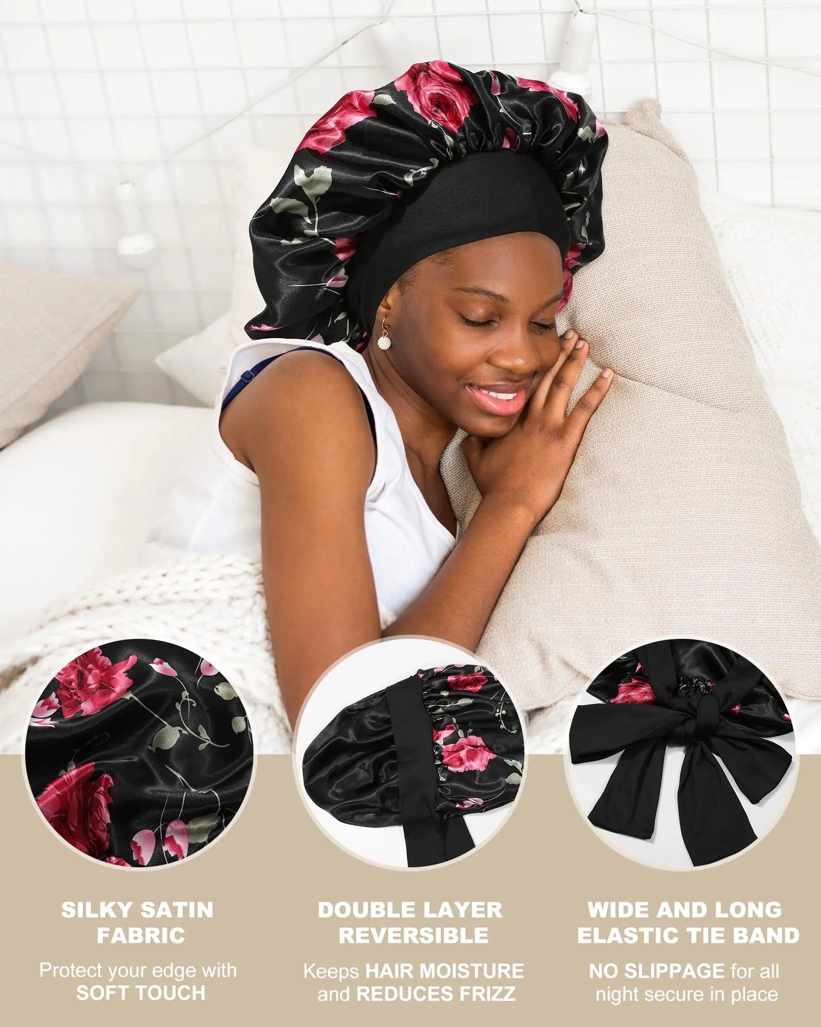 Satin Bonnet for Women Silk Bonnets for Sleeping Curly Hair Bonnet with Tie Band Double Layer Sleep Cap Hair Wrap 7-7 3/8 Black + Red Flower