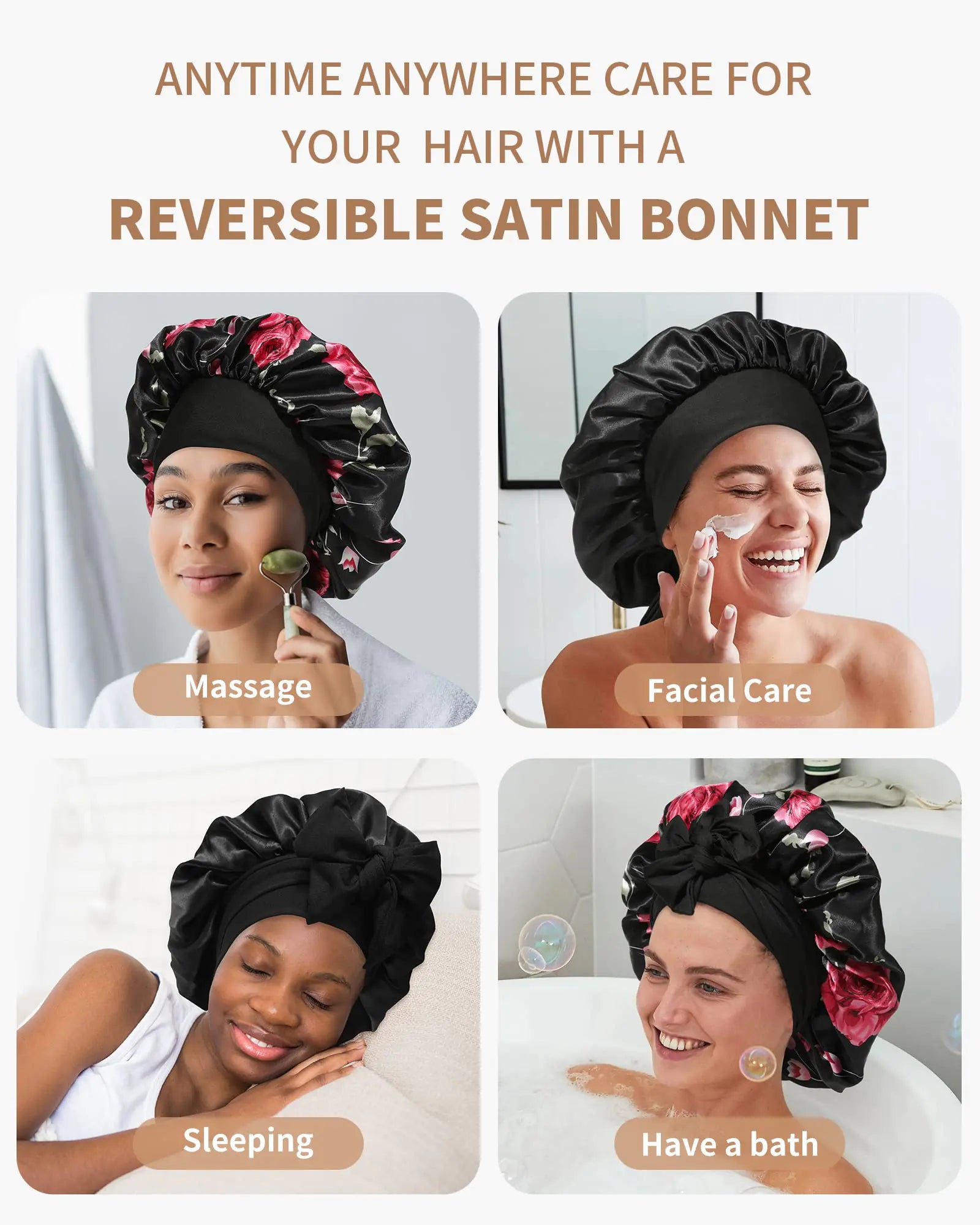 Satin Bonnet for Women Silk Bonnets for Sleeping Curly Hair Bonnet with Tie Band Double Layer Sleep Cap Hair Wrap 7-7 3/8 Black + Red Flower